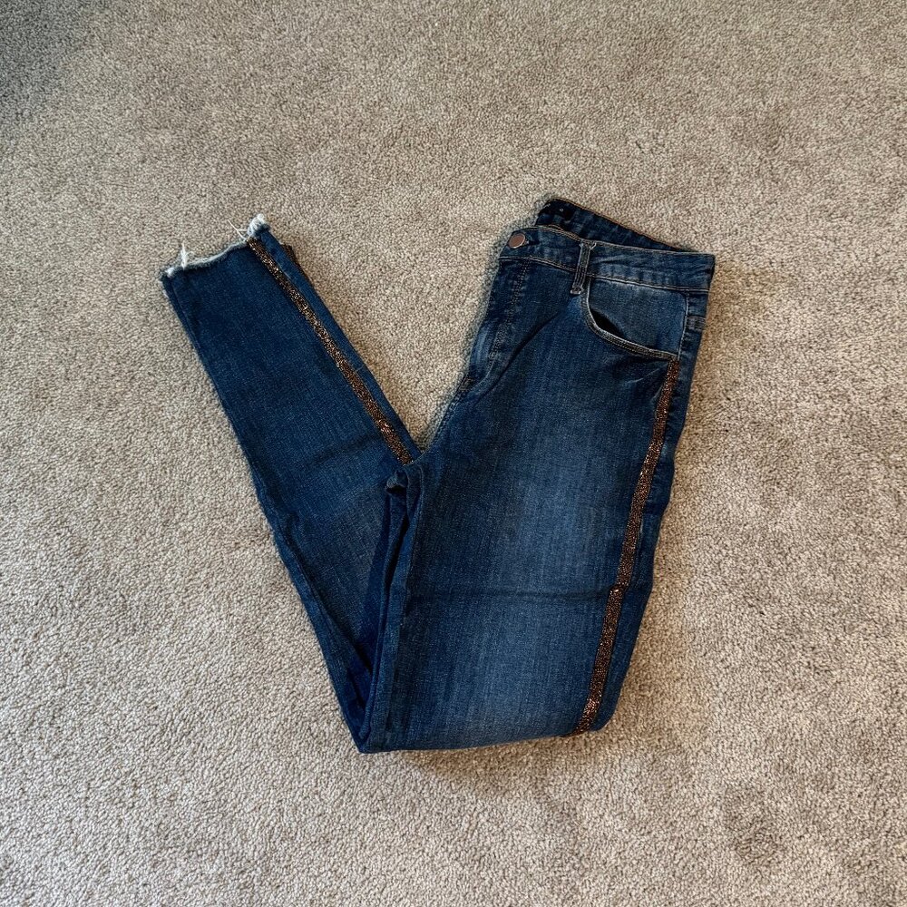 Marfinno Beaded Side Stripe Raw Hem Skinny Jeans Brazil Sz 40 (27x28)